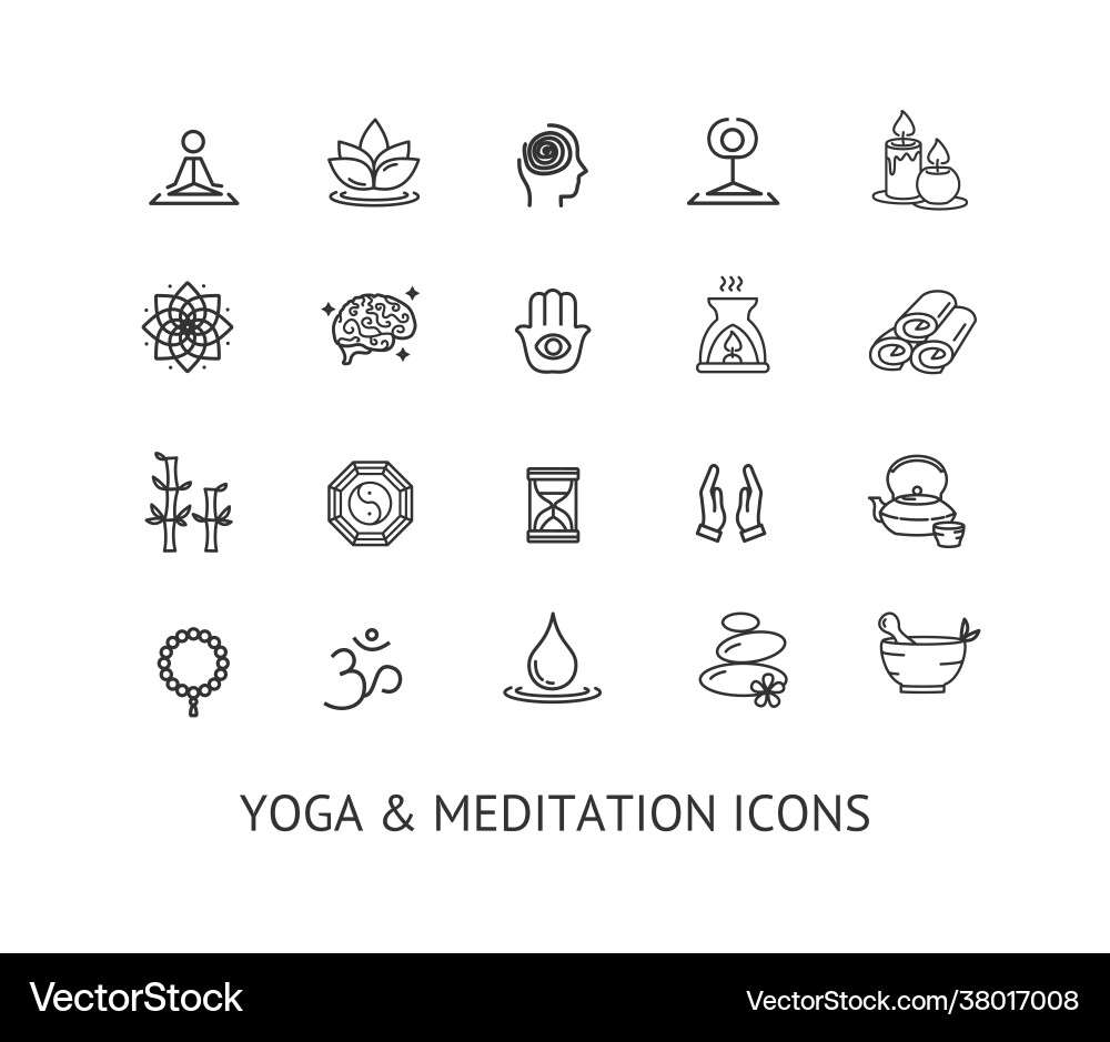 Yoga Meditation Entspannung Zeichen dünne Linie Ikone gesetzt Yoga Meditation Entspannung Zeichen dünne Linie Ikone gesetzt vektorbild