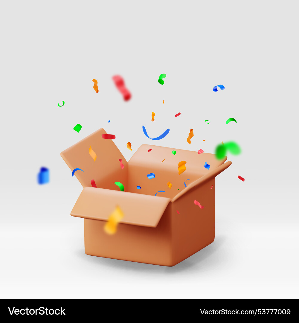 3d opened cardboard box with color confetti 3d opened cardboard box with color confetti vector image
