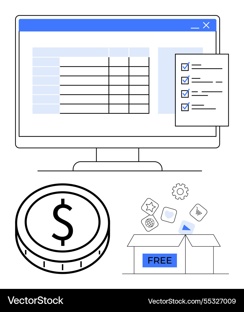 Computer screen with data table checklist coin Computer screen with data table checklist coin vector image