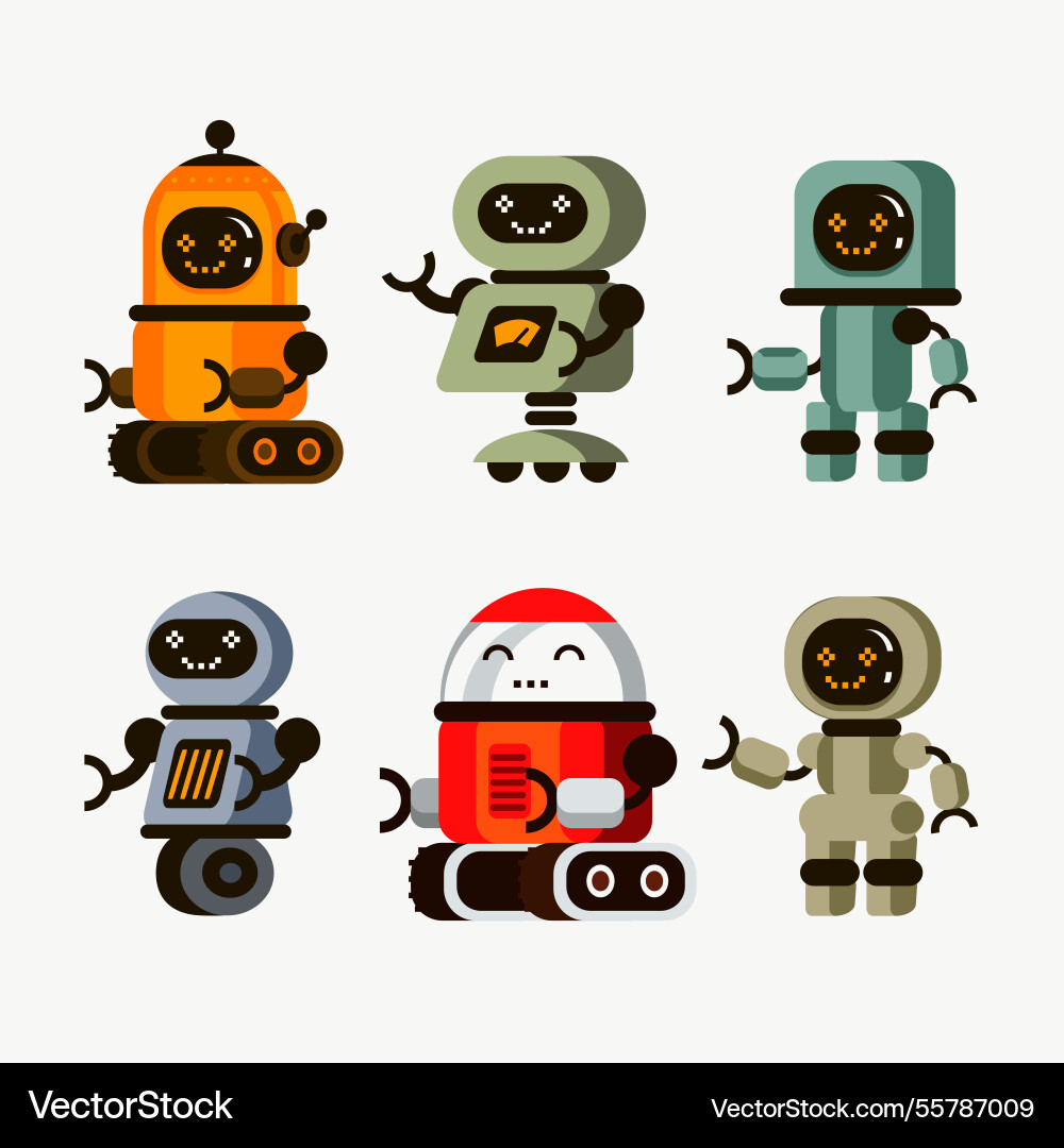 Flat robot collection with different poses Vector Image