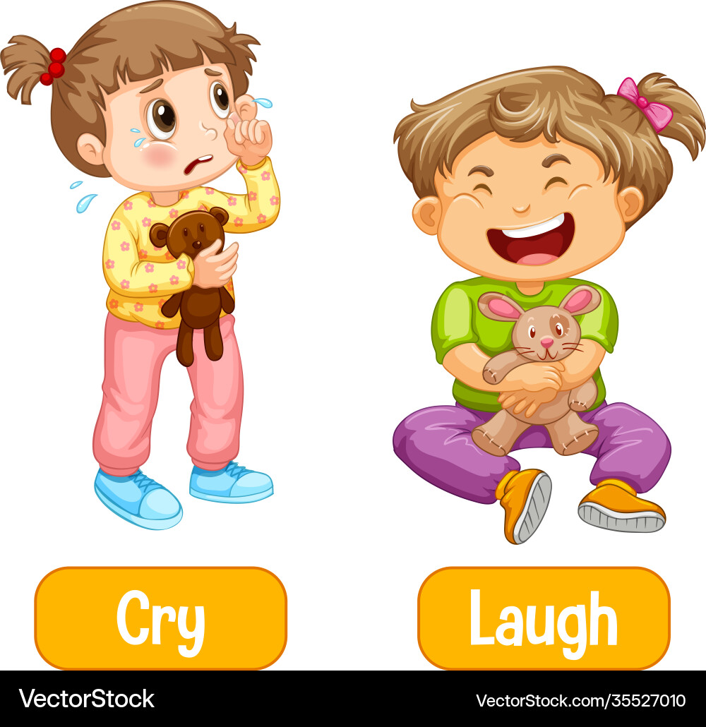 Opposite words with cry and laugh Royalty Free Vector Image