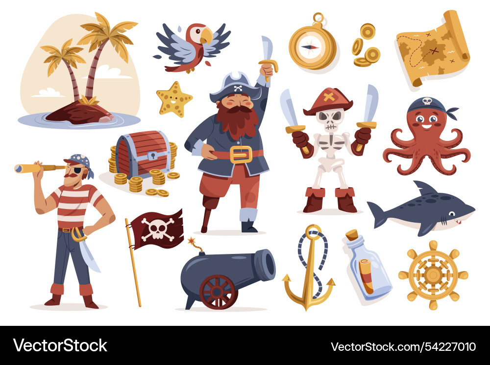Pirate adventure with characters and objects Vector Image
