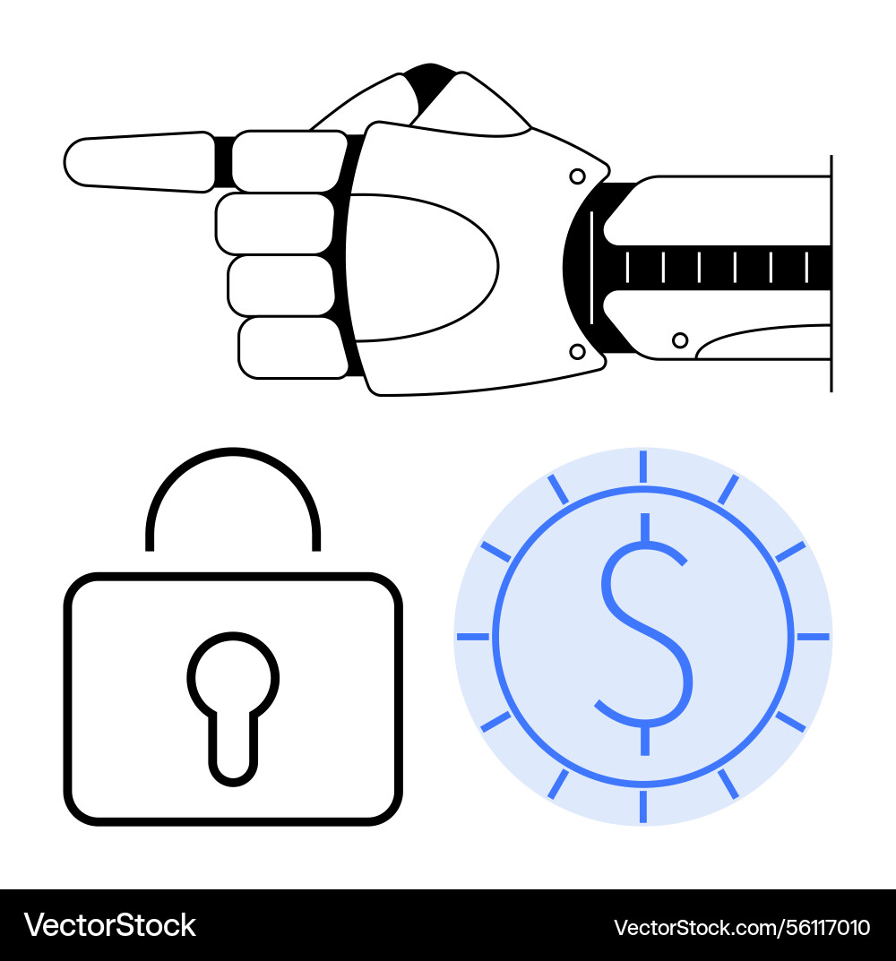 Robotic hand pointing secure padlock and digital Robotic hand pointing secure padlock and digital vector image