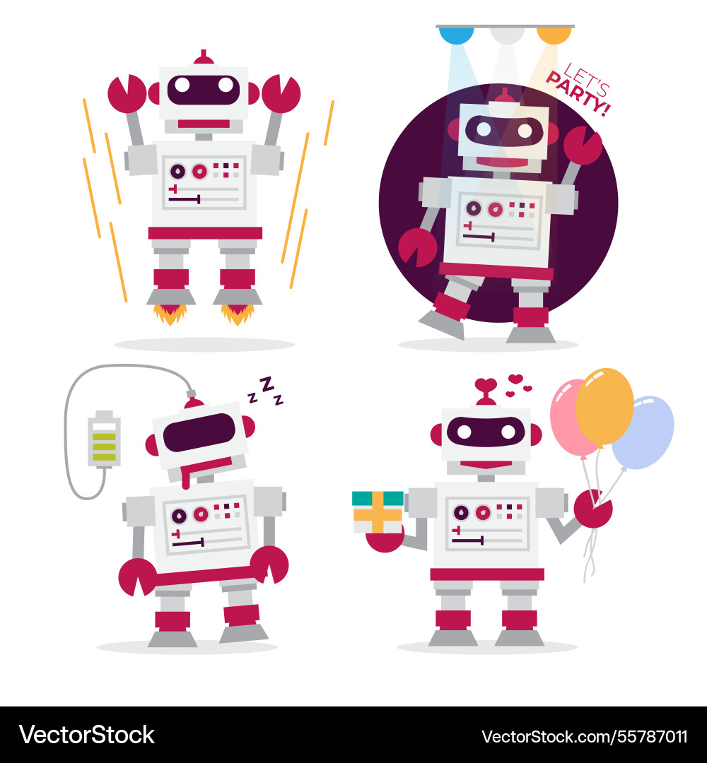 Flat robot collection with different poses Vector Image