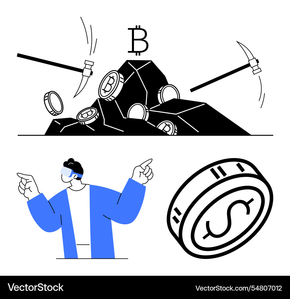 Cryptocurrency mining process with pickaxes Cryptocurrency mining process with pickaxes vector image