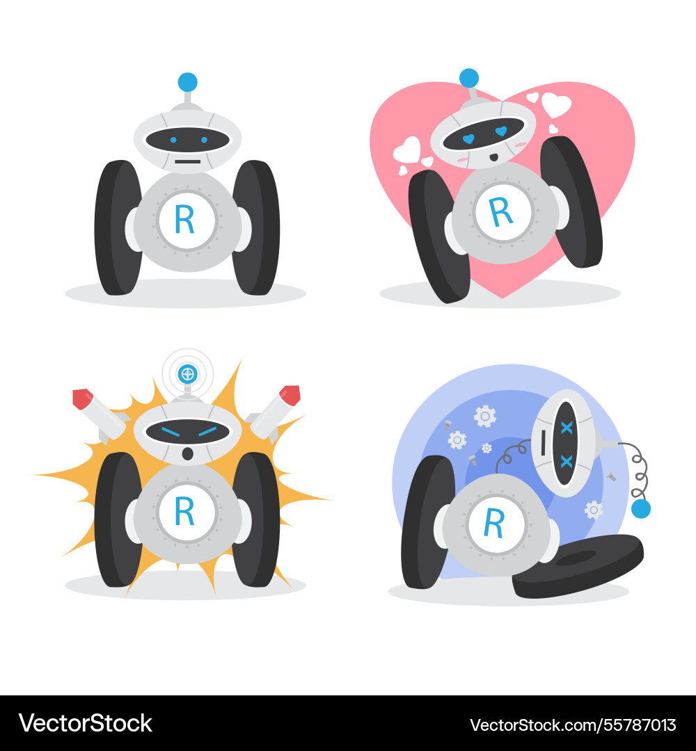 Flat robot collection with different poses Vector Image