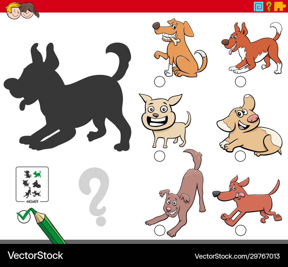 Shadows task with playful dogs characters Shadows task with playful dogs characters vector image
