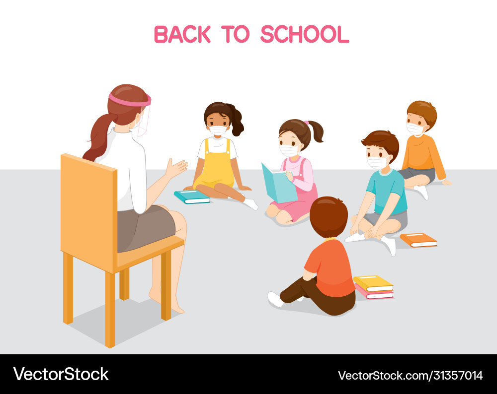 Children wearing surgical masks listening teacher Children wearing surgical masks listening teacher vector image