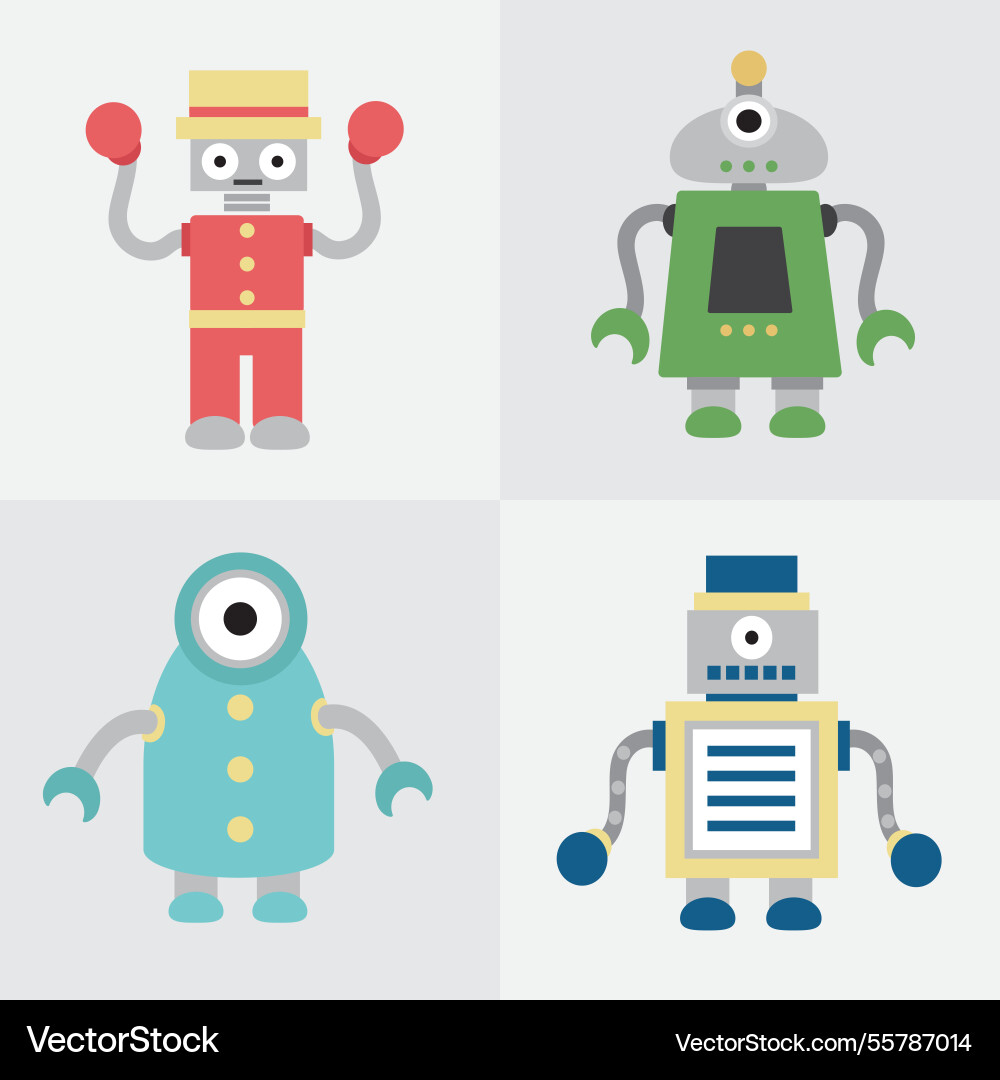 Flat robot collection with different poses Vector Image