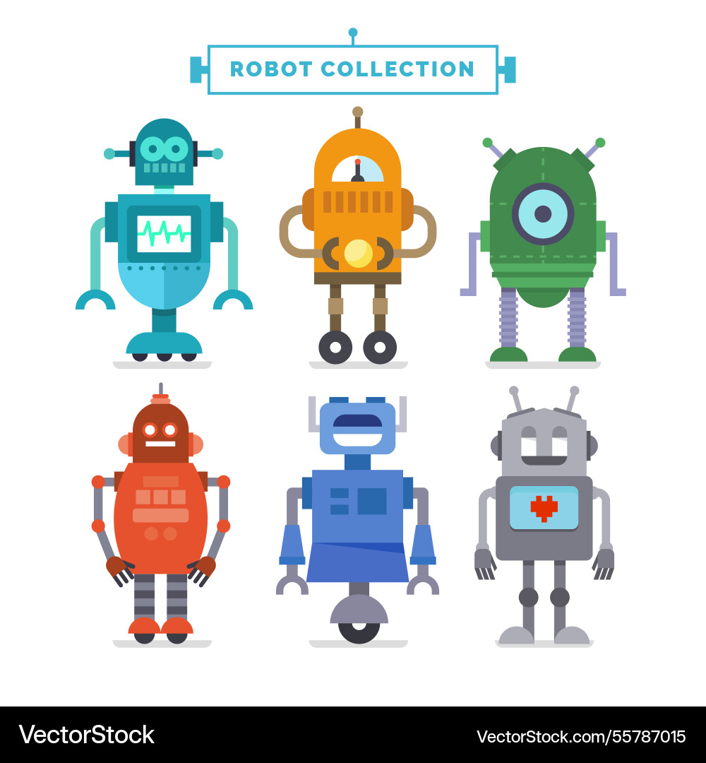 Flat robot collection with different poses Vector Image