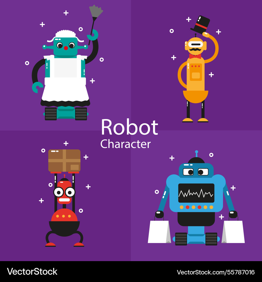 Flat robot collection with different poses Vector Image