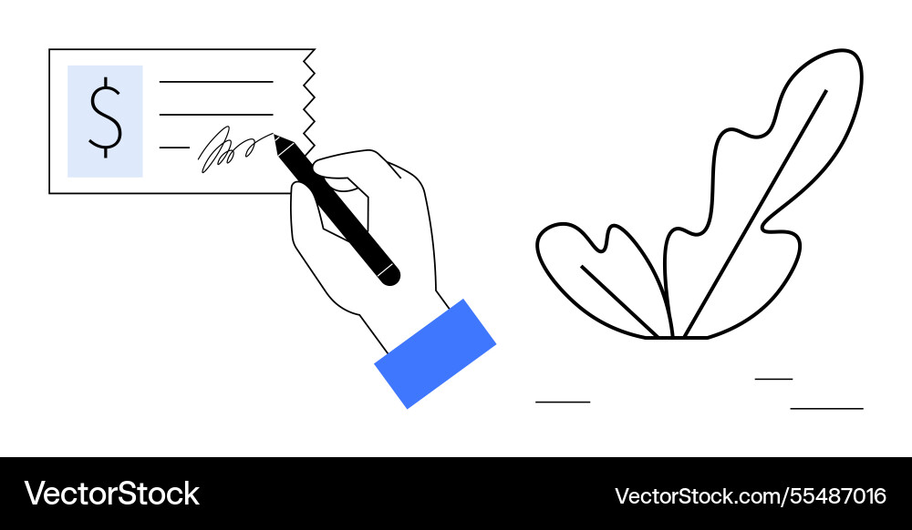 Hand signing document with leafy abstract element Vector Image