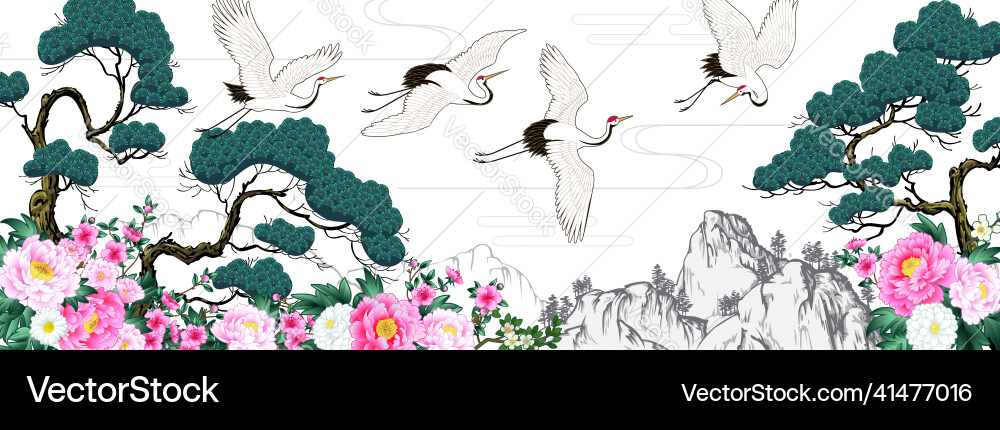 Horizontal landscape with japanese cranes Horizontal landscape with japanese cranes vector image