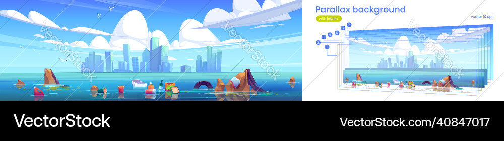 Parallax background with lake trash in water Parallax background with lake trash in water Vector Image