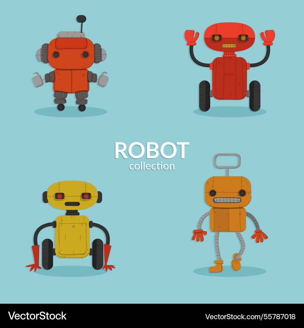 Flat robot collection with different poses Vector Image