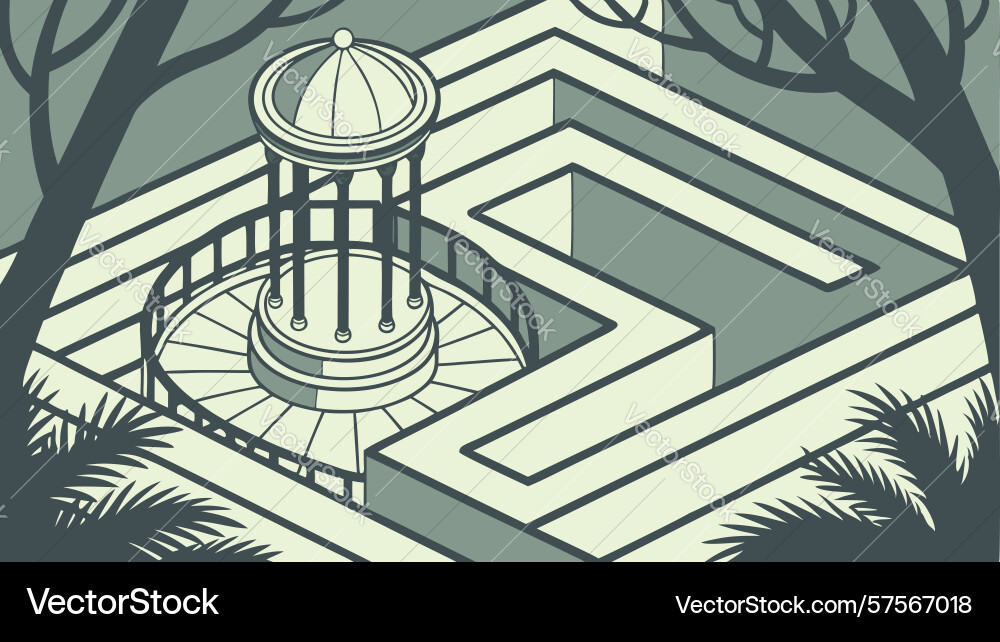 Maze with central gazebo puzzle design generative vector image