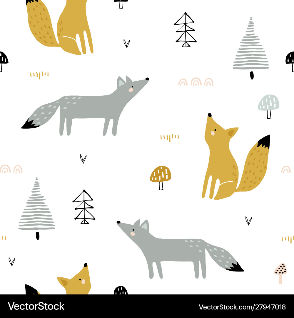 Seamless forest pattern with foxes trees Seamless forest pattern with foxes trees vector image