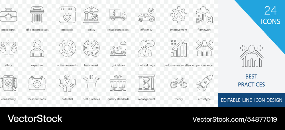 Best practices editable icon set vector image