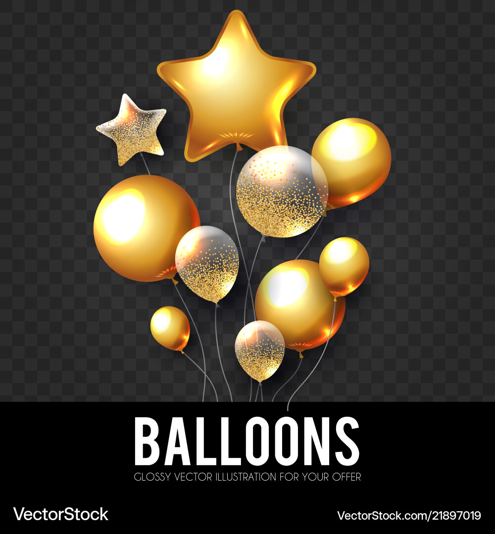 Gold realistic glossy and transparent balloons vector image