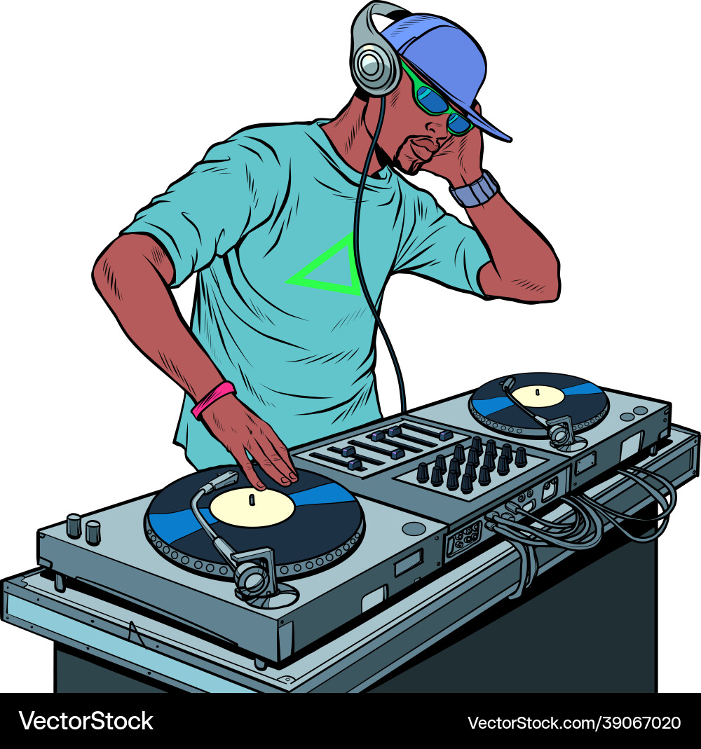 Black man dj on vinyl turntables concert music Black man dj on vinyl turntables concert music vector image