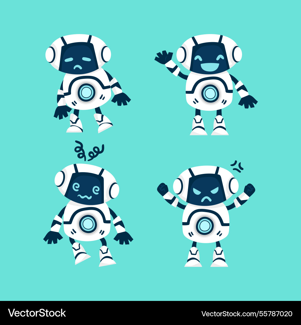 Flat robot collection with different poses Vector Image