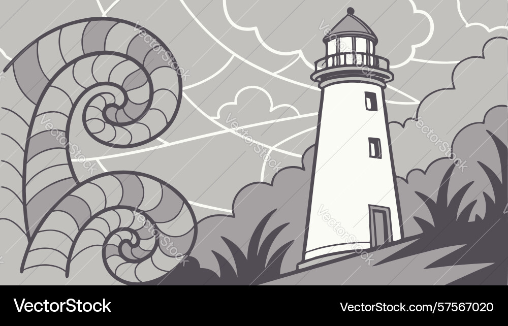 Lighthouse in abstract swirling shell pattern vector image