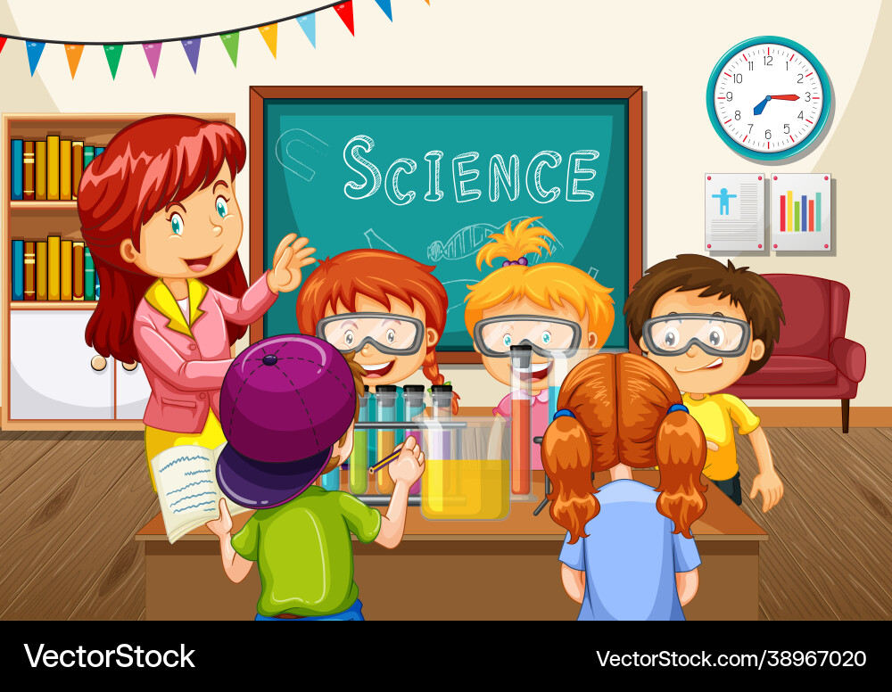 Teacher explaining science experiment to students Teacher explaining science experiment to students vector image