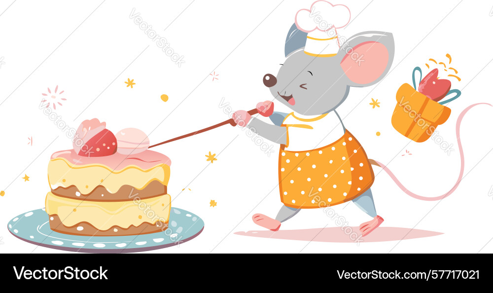 Chef mouse serving a slice of delicious cake Vector Image
