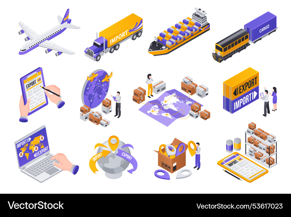 Export and import isometric icon set Export and import isometric icon set vector image