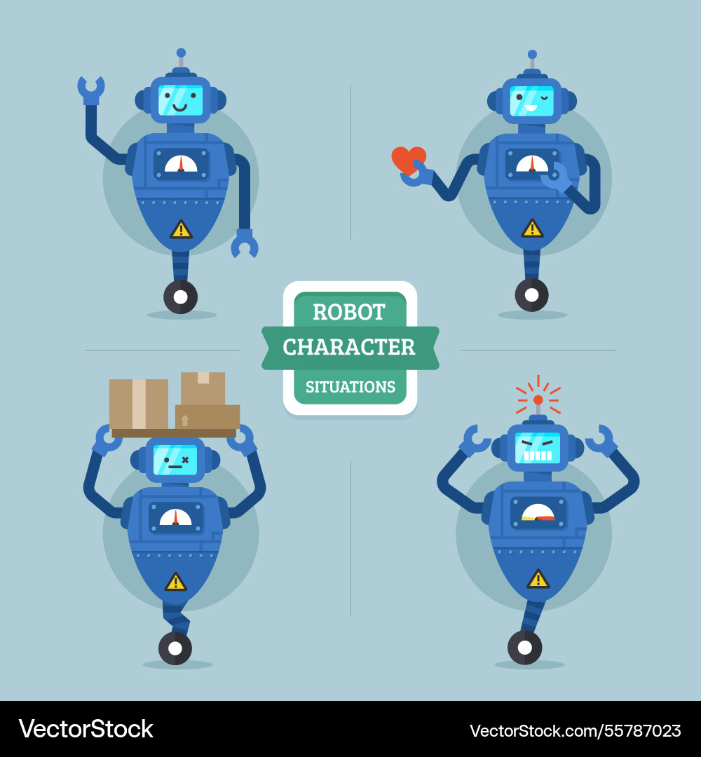 Flat robot collection with different poses Vector Image