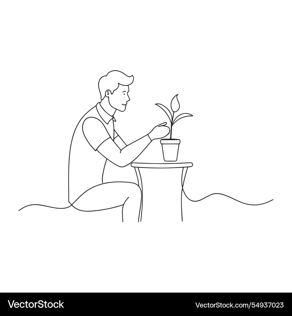 Man seated at a table thoughtfully observing Vector Image