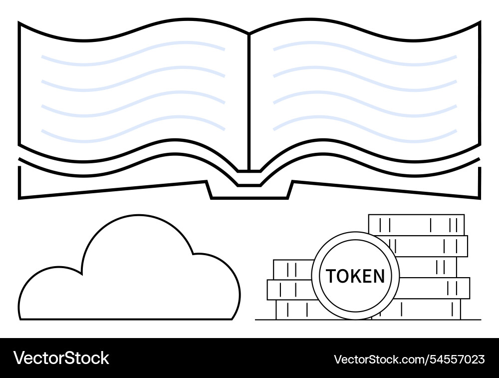 Open book with cloud and token coins representing Open book with cloud and token coins representing vector image