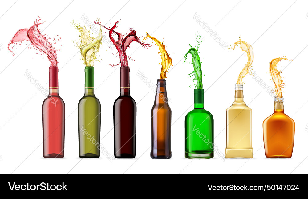 Alcohol bottle with splash isolated 3d row vector image