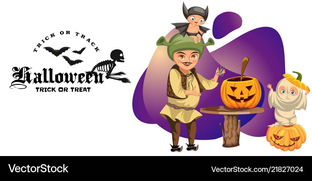 Father with kids carving hallows pumpkin poster Father with kids carving hallows pumpkin poster vector image
