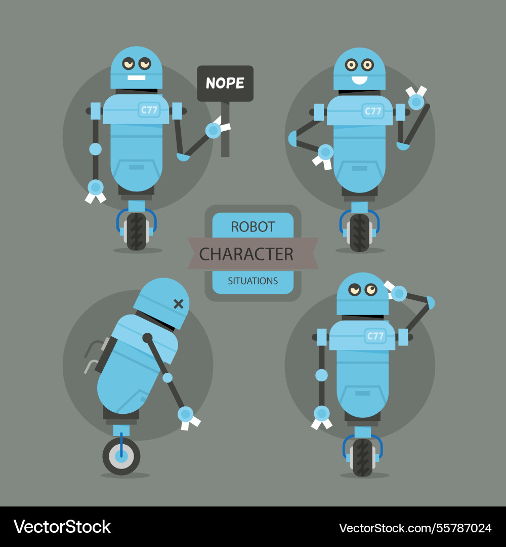 Flat robot collection with different poses Vector Image