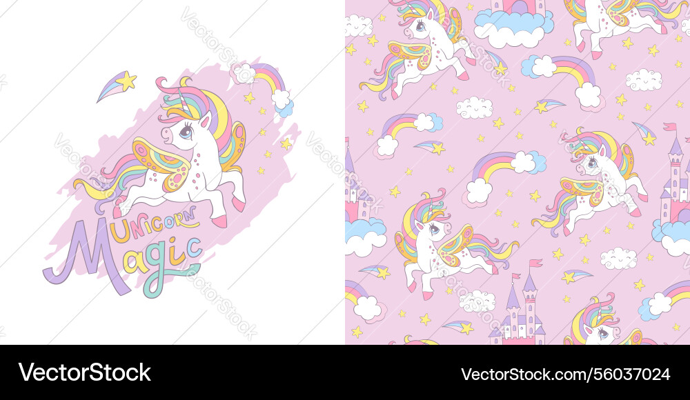 Unicorn cartoon character and seamless pattern Unicorn cartoon character and seamless pattern vector image