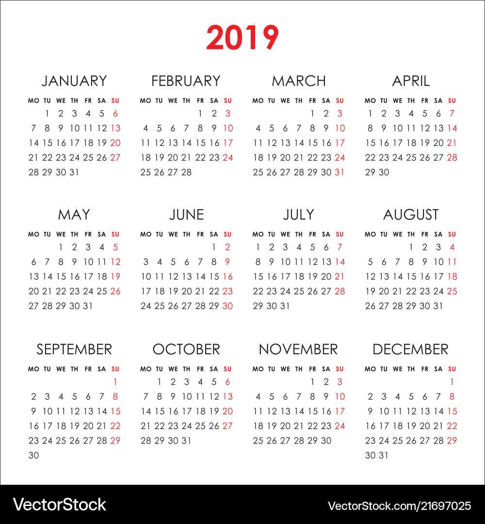 Simple calendar for 2019 year week starts monday Simple calendar for 2019 year week starts monday vector image