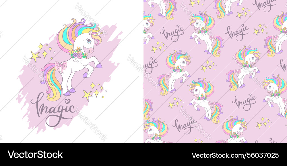 Unicorn cartoon character and seamless pattern Unicorn cartoon character and seamless pattern vector image