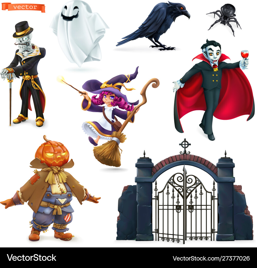 Halloween Characters & Objects 3D Set vector image
