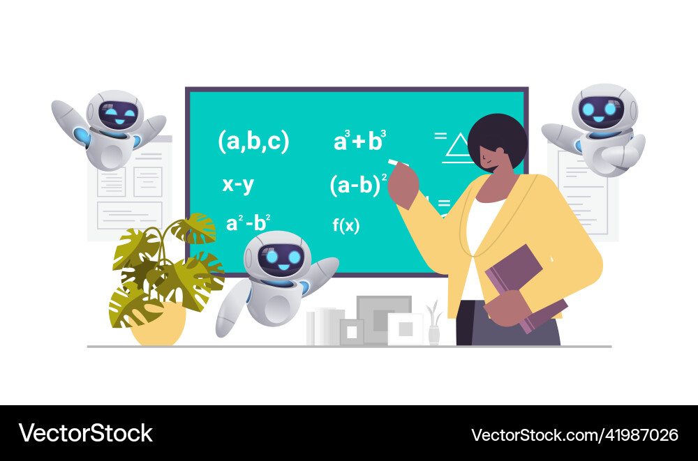 Teacher with Robots Learning Math Vector Image