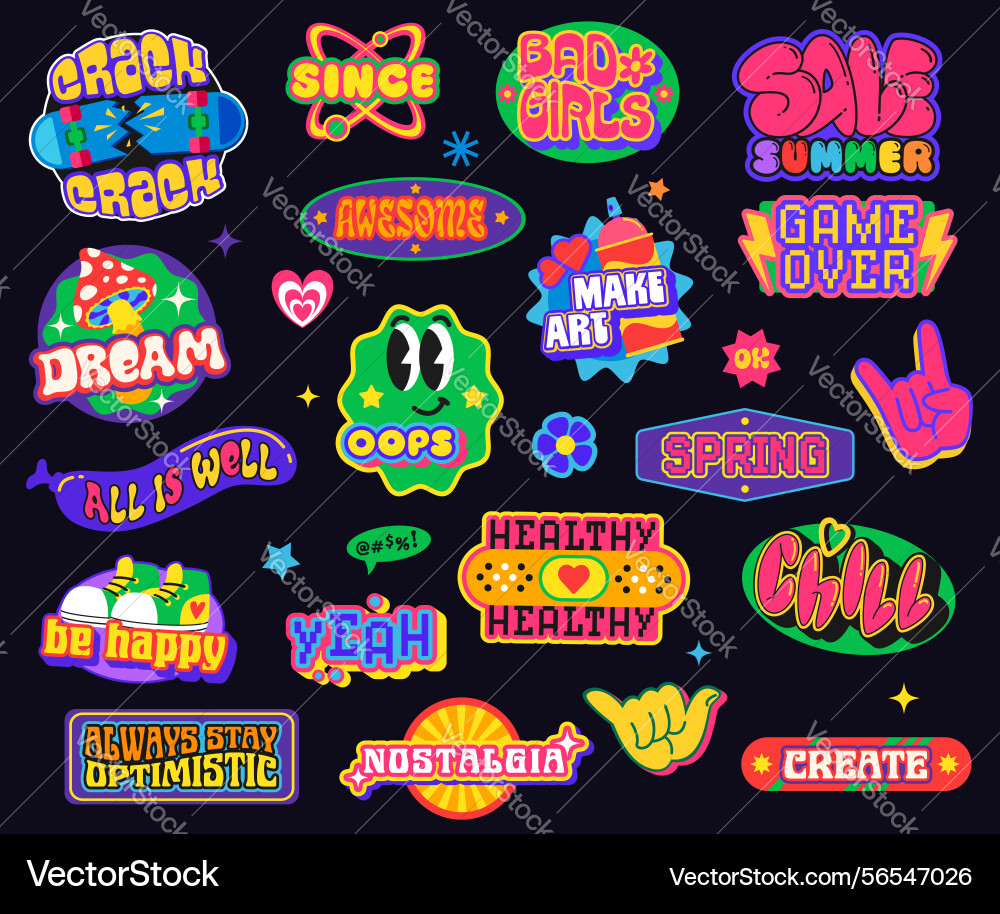 Y2k retro funky groovy stickers and labels patch Y2k retro funky groovy stickers and labels patch Vector Image