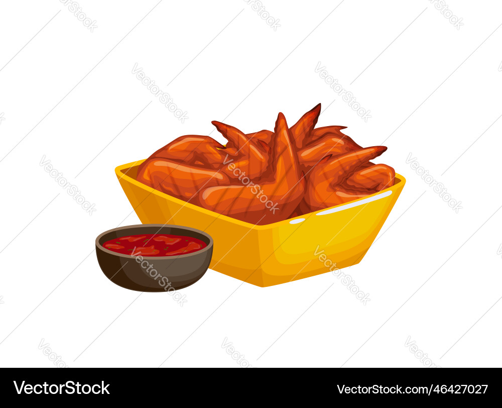 Cartoon bowl of chicken wings and spicy sauce vector image