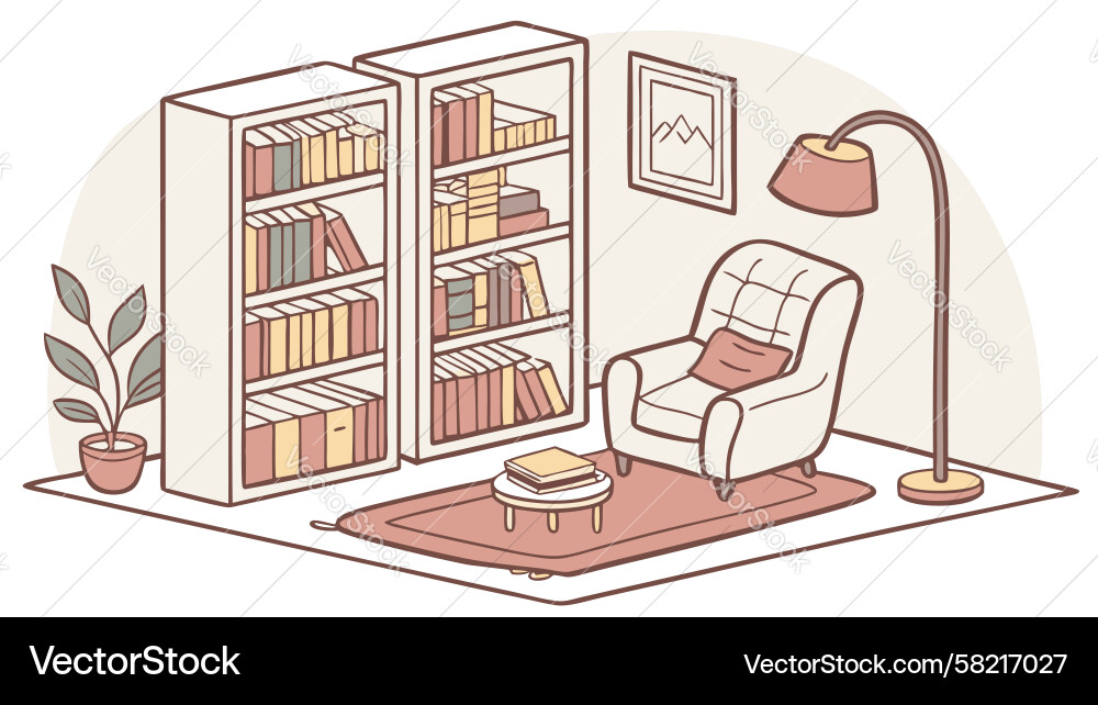 Warm Reading Nook with Bookshelf Vector Image