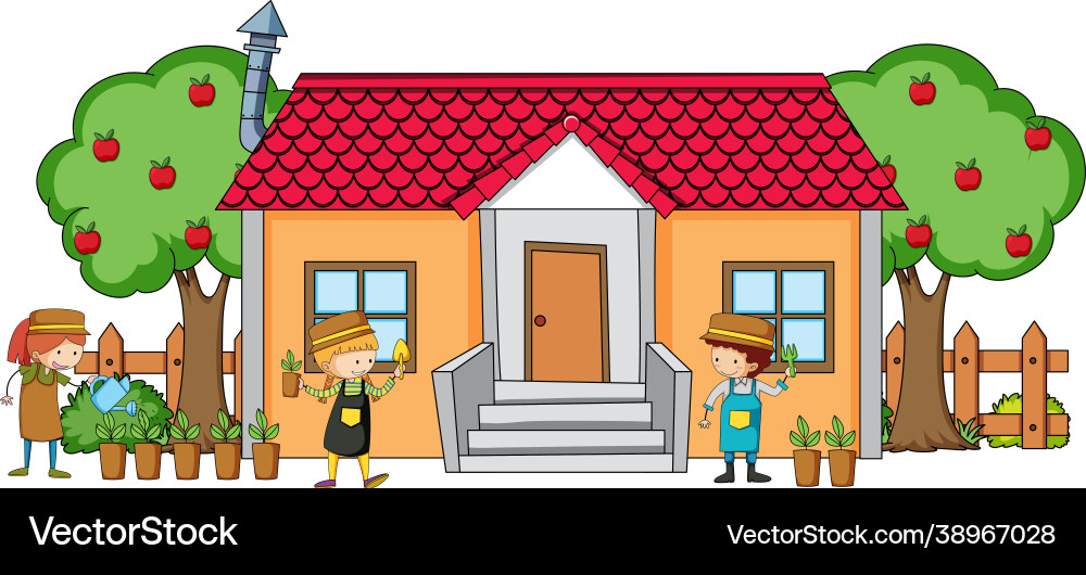 Front view a house with many kids on white Vector Image