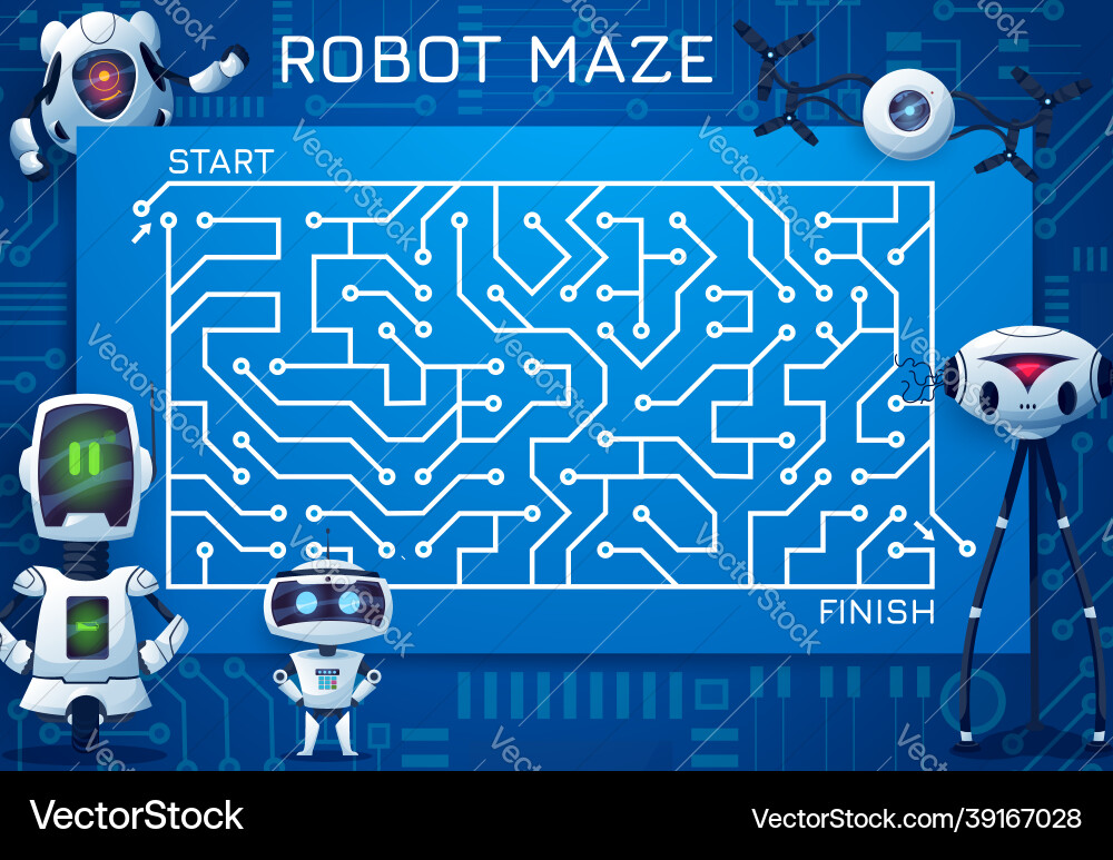 Labyrinth maze game with motherboard and robots Labyrinth maze game with motherboard and robots vector image