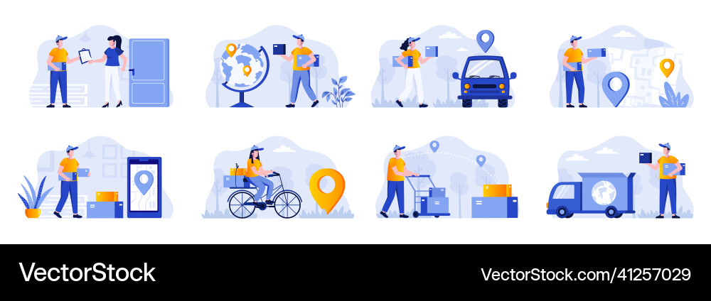 Delivery scenes bundle with people characters Delivery scenes bundle with people characters vector image