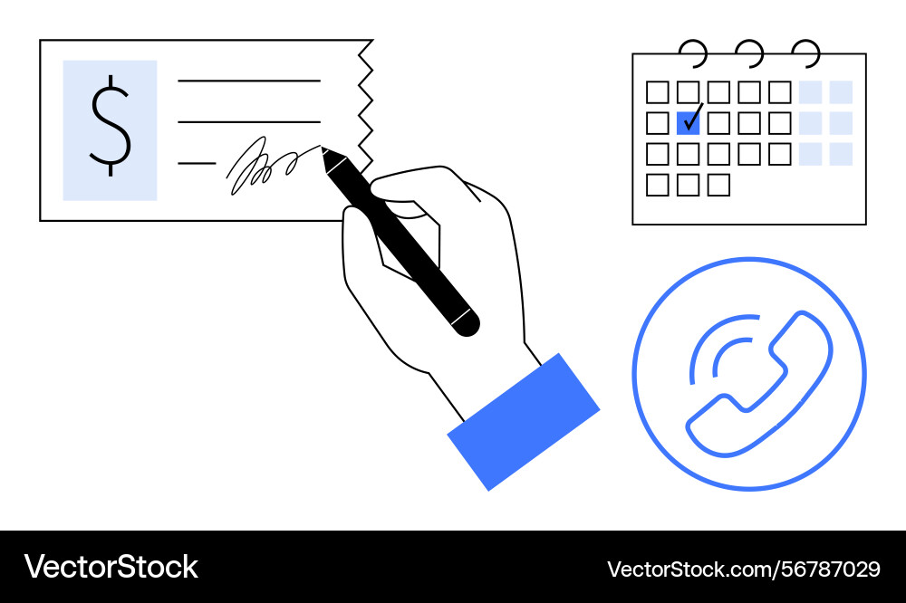 Hand writing check beside calendar with marked Hand writing check beside calendar with marked vector image