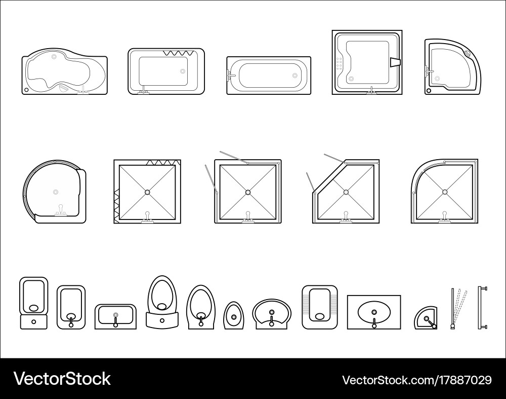 Set of Icons Bathtubs and Washbasins. Top View and Side. Bathtubs of Different S