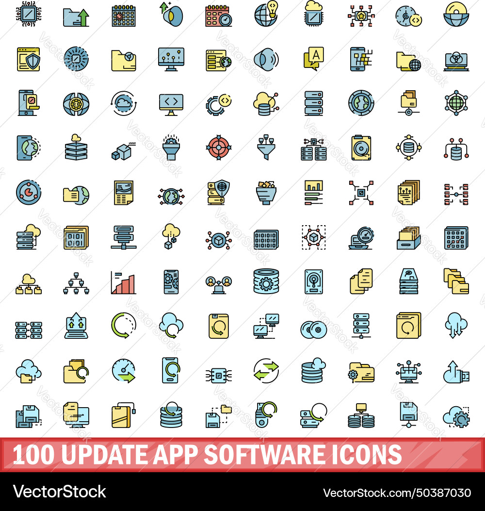 100 update app software icons set color line vector image