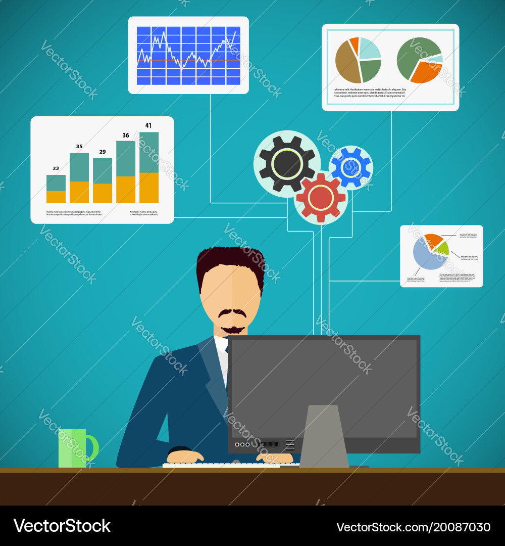 Man sits on the workplace at computer vector image